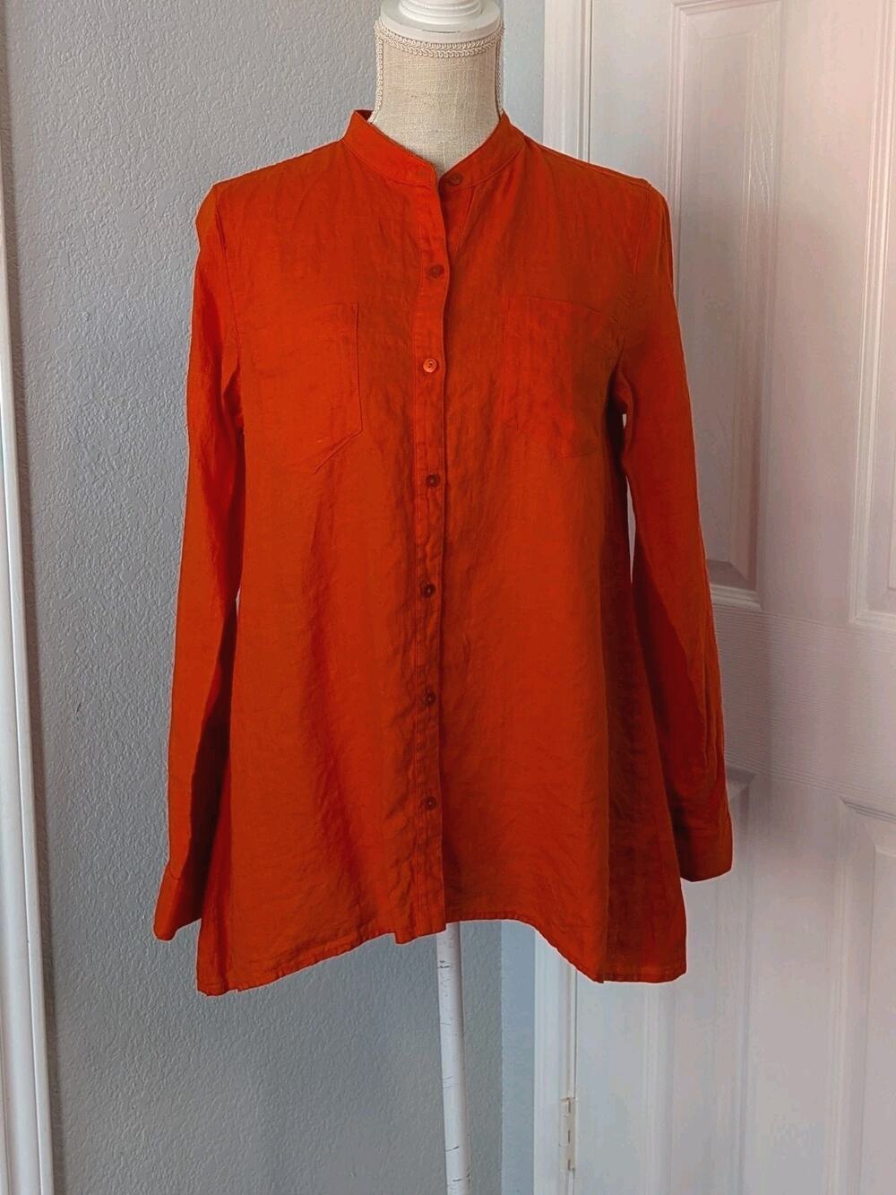 NWT Eileen Fisher Irish Linen Mandarin Collar Shirt Small Petite Red/Orange $198